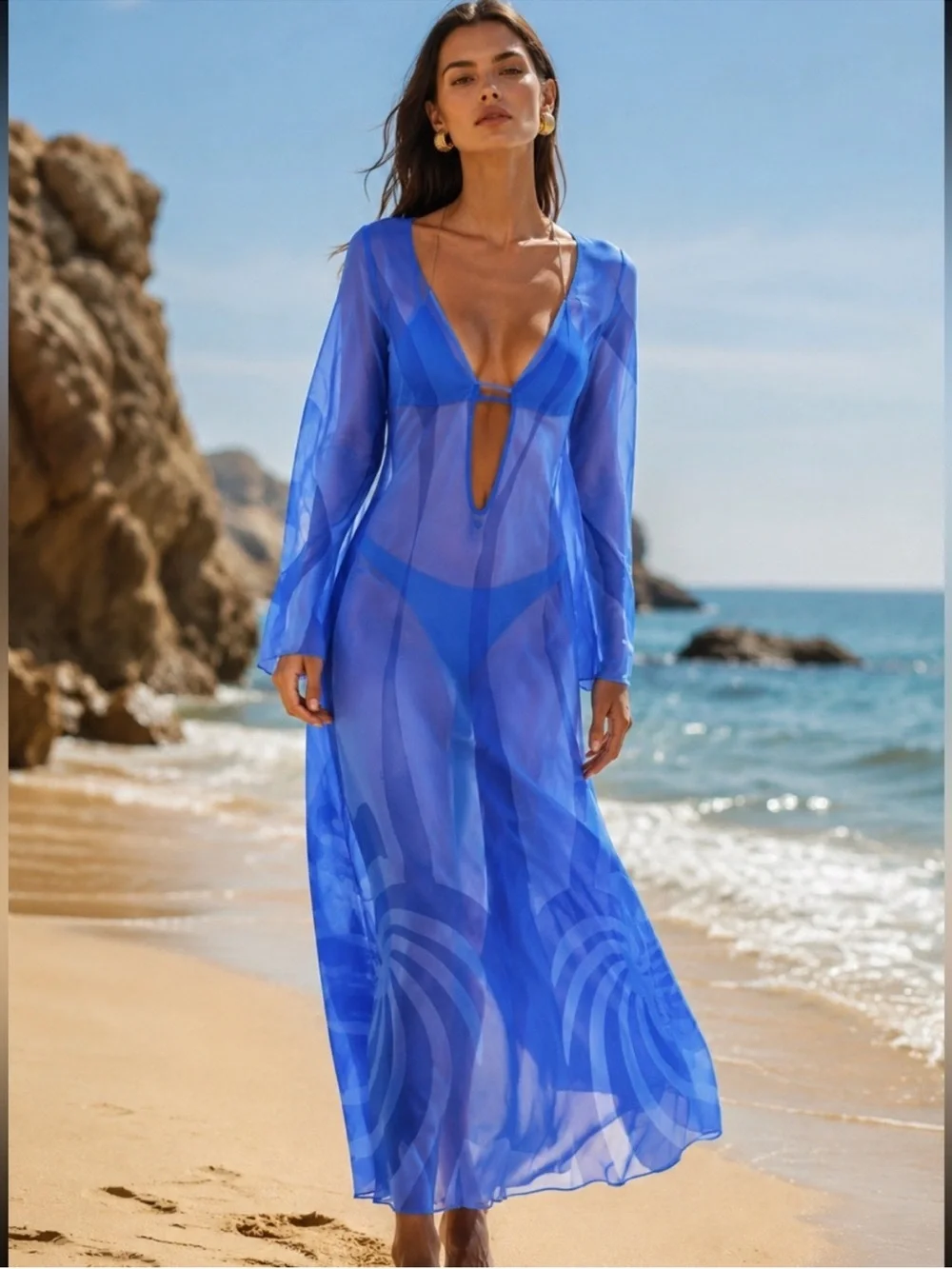 Caroline Constas Sheer Blue Maxi Cover-Up Dress